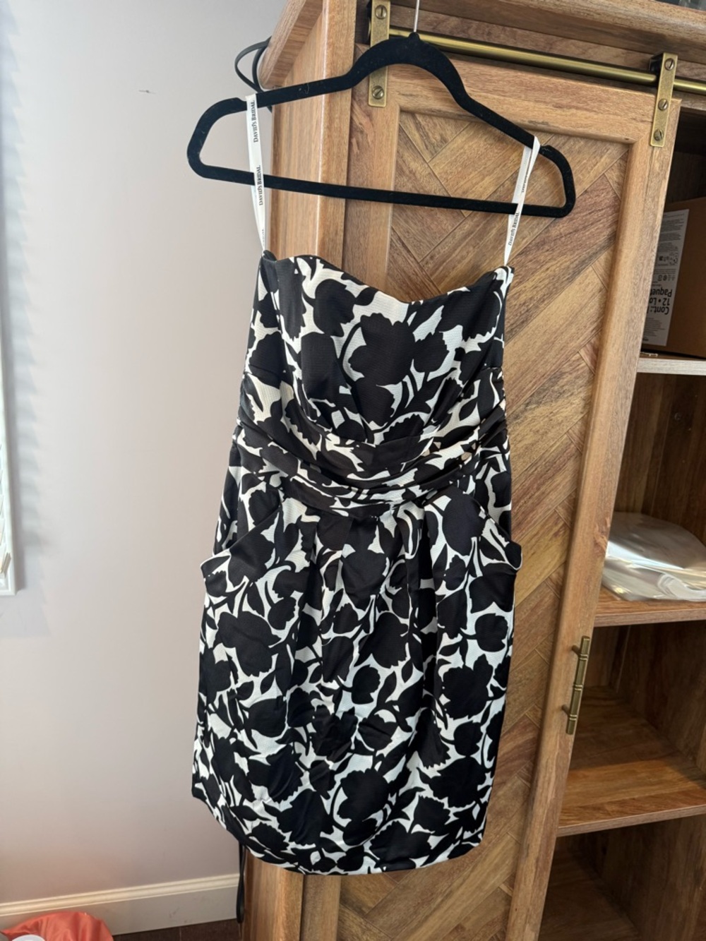 David's Bridal Black & White Floral Strapless Mini Dress